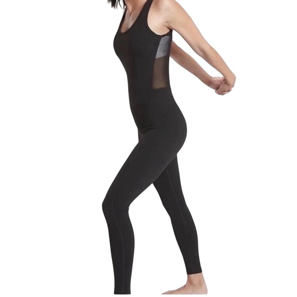 Athleta Aspiration Bodysuit Black Mesh Side Panel Yoga Unitard Jumpsuit Womens M